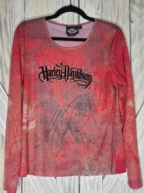 Harley-Davidson Coral Pink and Red Graphic Long Sleeve Shirt